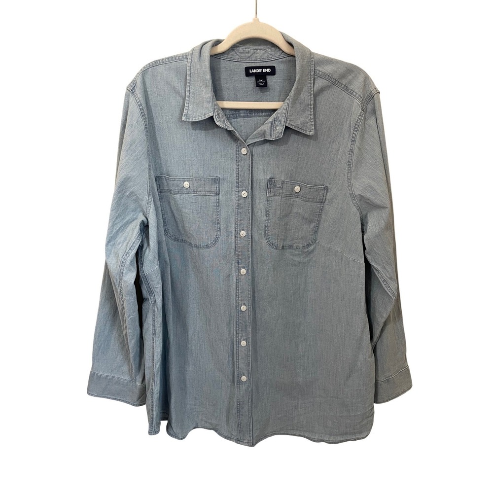 Lands'End Womens Size 2X Light Wash Chambray Denim Button Down Shirt Long Sleeve